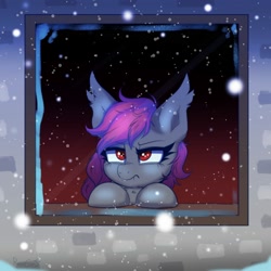 Size: 2000x2000 | Tagged: safe, artist:confetticakez, imported from derpibooru, oc, oc only, oc:andromeda aurora, bat pony, pony, chest fluff, female, filly, snow, snowfall, solo, unamused, window