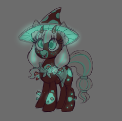 Size: 655x649 | Tagged: safe, alternate version, artist:confetticakez, imported from derpibooru, oc, oc only, pony, cape, clothes, glow, glowing, hat, horns, mushroom, smiling, solo, wizard hat