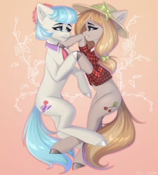 Size: 1800x2000 | Tagged: safe, artist:villjulie, imported from derpibooru, coco pommel, oc, earth pony, pony, canon x oc, clothes, cuddling, hat, lidded eyes, shirt, smiling