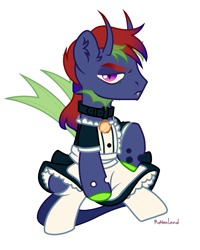 Size: 1200x1498 | Tagged: safe, artist:al-lat, imported from derpibooru, oc, oc only, oc:abstract memory, changeling, hybrid, apron, changeling hybrid, changeling oc, clothes, collar, commission, crossdressing, dress, maid, male, pet tag, raised hoof, simple background, skirt, socks, solo, stockings, thigh highs, unamused, white background, ych result