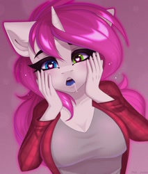 Size: 1700x2000 | Tagged: safe, artist:villjulie, imported from derpibooru, oc, oc only, oc:bubblegum kiss, anthro, unicorn, clothes, drool, heart eyes, heterochromia, open mouth, shirt, solo, wingding eyes