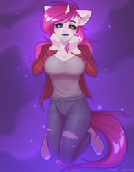 Size: 1600x2050 | Tagged: safe, artist:villjulie, imported from derpibooru, oc, oc only, oc:bubblegum kiss, anthro, unguligrade anthro, unicorn, clothes, heterochromia, looking at you, pants, shirt, smiling, solo, torn clothes