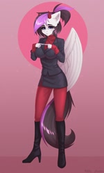 Size: 1500x2500 | Tagged: safe, artist:villjulie, imported from derpibooru, oc, oc only, anthro, pegasus, plantigrade anthro, pony, blushing, boots, clothes, helltaker, high heels, horns, jacket, modeus (helltaker), pants, shoes, skirt, solo, spread wings, sweater, turtleneck, wings