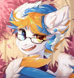 Size: 1946x2048 | Tagged: safe, artist:minekoo2, imported from derpibooru, pony, clothes, ear piercing, earring, glasses, heterochromia, jewelry, looking at you, piercing, scarf, smiling, solo