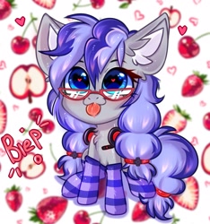 Size: 2019x2160 | Tagged: safe, artist:pesty_skillengton, imported from derpibooru, oc, oc only, oc:cinnabyte, earth pony, pony, :p, blushing, chibi, clothes, glasses, headphones, heart, heart eyes, socks, solo, striped socks, tongue out, wingding eyes