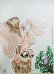 Size: 745x1024 | Tagged: safe, artist:maryhoovesfield, imported from derpibooru, oc, oc only, pegasus, pony, book, ear fluff, eyelashes, grin, pegasus oc, reading, signature, smiling, solo, traditional art, upside down, wings