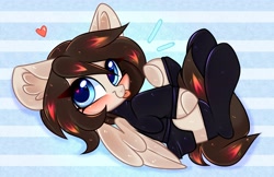 Size: 2560x1659 | Tagged: safe, artist:pesty_skillengton, imported from derpibooru, oc, oc only, pegasus, pony, blushing, chibi, clothes, heart, heart eyes, looking at you, raspberry, skirt, smiling, socks, spread wings, stockings, sweater, thigh highs, tongue out, turtleneck, wingding eyes, wings