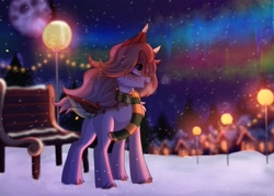 Size: 4096x2926 | Tagged: safe, artist:pesty_skillengton, imported from derpibooru, deer, aurora borealis, bench, clothes, happy, moon, night, scarf, smiling, snow, snowfall, solo, streetlight, tree, winter