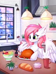 Size: 3000x4000 | Tagged: safe, artist:pesty_skillengton, imported from derpibooru, oc, oc only, oc:sugar morning, bird, pegasus, pony, turkey, blushing, bread, chest fluff, cooked, eating, food, fork, hooves on the table, kitchen, meat, ponies eating meat, smiling, snow, solo, tree, window, wing hands, wing hold, wings