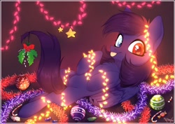 Size: 1024x724 | Tagged: safe, artist:pesty_skillengton, imported from derpibooru, oc, oc only, oc:pestyskillengton, pegasus, pony, bow, chest fluff, christmas, christmas lights, female, heterochromia, holiday, holly, looking at you, raspberry, smiling, solo, solo female, tinsel, tongue out