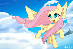 Size: 3000x2000 | Tagged: safe, artist:bunchedupletters, artist:hrukii, artist:navokin, imported from derpibooru, fluttershy, pegasus, pony, cloud, cute, female, flying, head turned, high res, looking away, looking up, mare, ocean, open mouth, raised hoof, shyabetes, sky, smiling, solo, spread wings, trace, turned head, two toned wings, wings