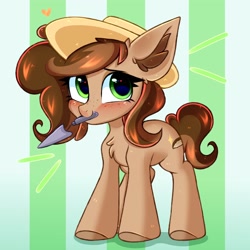 Size: 3000x3000 | Tagged: safe, artist:pesty_skillengton, imported from derpibooru, oc, oc only, oc:nutty special, earth pony, pony, blushing, chest fluff, chibi, hat, heart, heart eyes, mouth hold, smiling, solo, spade, wingding eyes