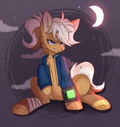 Size: 2045x2160 | Tagged: safe, artist:pesty_skillengton, imported from derpibooru, earth pony, pony, angry, carrot, chest fluff, clothes, food, jacket, pipboy, pipbuck, solo