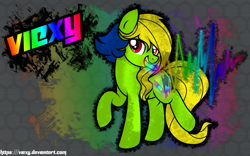 Size: 900x563 | Tagged: safe, artist:amgiwolf, imported from derpibooru, oc, oc only, oc:viexy ams, earth pony, pony, abstract background, earth pony oc, female, mare, mouth hold, raised hoof, solo