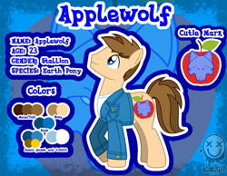 Size: 1900x1475 | Tagged: safe, artist:amgiwolf, imported from derpibooru, oc, oc only, oc:applewolf, earth pony, pony, wolf, apple, clothes, earth pony oc, food, looking up, male, reference sheet, solo, stallion