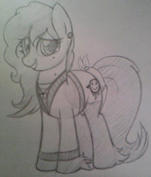 Size: 1001x1173 | Tagged: safe, artist:amgiwolf, imported from derpibooru, oc, oc only, oc:amgi, earth pony, pony, clothes, earth pony oc, eyelashes, grayscale, hoof fluff, monochrome, smiling, solo, traditional art