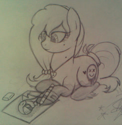 Size: 1178x1200 | Tagged: safe, artist:amgiwolf, imported from derpibooru, oc, oc only, oc:amgi, earth pony, pony, clothes, drawing, earth pony oc, eyelashes, grayscale, hoof fluff, jewelry, lying down, monochrome, necklace, pencil, prone, smiling, solo, tail wrap, traditional art