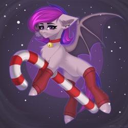 Size: 2000x2000 | Tagged: safe, artist:villjulie, imported from derpibooru, oc, oc only, bat pony, pony, bell, bell collar, candy, candy cane, chest fluff, collar, food, leg warmers, looking at you, snow, solo, spread wings, wings