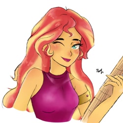 Size: 1080x1080 | Tagged: safe, artist:_denart, artist:rapunzelights, imported from derpibooru, sunset shimmer, equestria girls, bust, clothes, female, guitar, musical instrument, one eye closed, piercing, scene interpretation, signature, simple background, sleeveless, smiling, solo, white background, wink