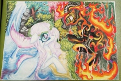 Size: 1024x687 | Tagged: safe, artist:maryhoovesfield, imported from derpibooru, oc, oc only, merpony, original species, duo, fire, horns, looking at each other, outdoors, traditional art, waterfall