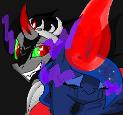 Size: 245x230 | Tagged: safe, artist:modernlisart, king sombra, princess luna, alicorn, pony, umbrum, unicorn, armor, bevor, boots, cape, chestplate, clothes, colored sclera, corrupted, corrupted luna, corruptuna, criniere, croupiere, crown, crying, cuirass, dark, dark magic, duo, eyes closed, eyeshadow, fauld, female, glowing horn, gorget, greaves, helmet, horn, implied lunabra, implied shipping, implied straight, jewelry, magic, makeup, male, pauldron, peytral, plackart, possessed, possessive, possessna, regalia, robe, shoes, simple background, sombra eyes, sombra's cape, sombra's robe, spread wings, tears of pain, wings