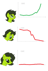 Size: 444x654 | Tagged: safe, artist:softlava, oc, oc only, oc:filly anon, earth pony, pony, 1000 hours in paint.net, 3 panel comic, female, filly, gamestop, graph, looking at you, simple background, solo, stock market, stonks, white background