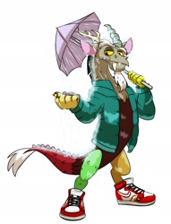 Size: 1600x2089 | Tagged: safe, artist:chub-wub, imported from derpibooru, discord, draconequus, beard, clothes, commission, drip, dripcord, facial hair, jacket, male, nike, nike (brand), rain, shoes, simple background, sneakers, solo, umbrella, wet, white background