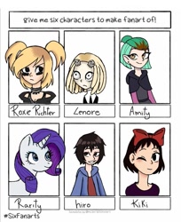 Size: 735x900 | Tagged: safe, artist:_tamanko_, imported from derpibooru, rarity, human, pony, unicorn, six fanarts, abomination track, amity blight, big hero 6, bow, bust, clothes, crossover, dyed hair, female, grin, hair bow, hiro hamada, humanoid, kiki, kiki's delivery service, lenore the cute little dead girl, mare, one eye closed, roxie richter, school uniform, scott pilgrim, smiling, studio ghibli, the owl house, wink, witch