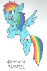 Size: 783x1197 | Tagged: safe, artist:cmara, imported from derpibooru, rainbow dash, pegasus, pony, female, flying, mare, open mouth, raised hoof, simple background, solo, traditional art, white background