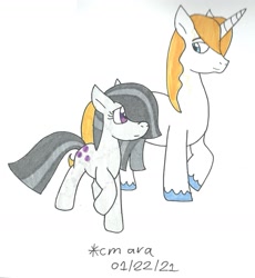 Size: 1323x1435 | Tagged: safe, artist:cmara, imported from derpibooru, marble pie, prince blueblood, earth pony, pony, unicorn, crack shipping, female, hair over one eye, looking at each other, male, marbleblood, mare, raised hoof, raised leg, shipping, simple background, stallion, straight, traditional art, unshorn fetlocks, white background