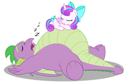 Size: 1280x828 | Tagged: safe, artist:aleximusprime, imported from derpibooru, princess flurry heart, spike, alicorn, dragon, pony, flurry heart's story, adult, adult spike, belly, belly bed, big belly, bow, chubby, chubby spike, comfy, cuddling, cute, duo, eyes closed, fat, fat spike, female, filly, filly flurry heart, floating eyebrows, huge belly, impossibly large belly, male, male and female, older, older flurry heart, older spike, onomatopoeia, open mouth, plump, resting, simple background, sleeping, snoozing on floor, snuggling, sound effects, tail bow, transparent background, vector, winged spike, wings, zzz