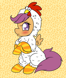 Size: 720x847 | Tagged: safe, artist:therainbowtroll, imported from derpibooru, scootaloo, bird, chicken, pegasus, pony, angry, animal costume, chicken suit, clothes, costume, cute, cutealoo, female, grumpaloo, madorable, scootachicken, silly, silly pony, socks, solo, striped socks