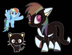 Size: 750x572 | Tagged: safe, imported from derpibooru, rainbow dash, oc, oc only, oc:cherry, cat, cat pony, earth pony, hybrid, original species, pony, adopted offspring, black background, boop, cat ears, cat tail, dark raimbow mane, pink eyes, raimbow hoves, simple background, solo