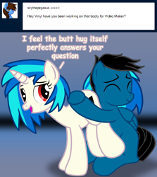 Size: 7200x8070 | Tagged: safe, artist:agkandphotomaker2000, imported from derpibooru, dj pon-3, vinyl scratch, oc, oc:pony video maker, pegasus, pony, unicorn, tumblr:pony video maker's blog, ask, butthug, canon x oc, dialogue, female, hug, hugging a butt, looking at you, male, shipping, show accurate, simple background, straight, tumblr, videoscratch