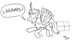 Size: 1200x675 | Tagged: safe, artist:pony-berserker, imported from derpibooru, insect, moth, mothpony, original species, pony, dialogue, lämp, monochrome, pony-berserker's twitter sketches, sketch, solo