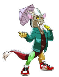 Size: 3881x5065 | Tagged: safe, artist:chub-wub, imported from derpibooru, discord, draconequus, beard, clothes, commission, dripcord, facial hair, jacket, male, nike, nike (brand), rain, shoes, simple background, sneakers, solo, transparent background, umbrella, wet