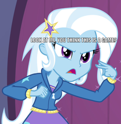 Size: 696x714 | Tagged: safe, edit, edited screencap, imported from derpibooru, screencap, trixie, equestria girls, rainbow rocks, caption, cropped, female, image macro, my eyes are up here, solo, text