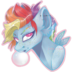 Size: 2065x2063 | Tagged: safe, artist:closed-door-house, imported from derpibooru, rainbow dash, pegasus, pony, bubble, bubblegum, bust, ear piercing, feather, female, food, freckles, gum, piercing, simple background, smiling, solo, transparent background