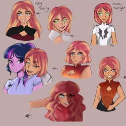 Size: 1080x1080 | Tagged: safe, artist:_denart, artist:rapunzelights, imported from derpibooru, sci-twi, sunset shimmer, twilight sparkle, equestria girls, adora, alternate hairstyle, bust, catra, clothes, female, glowing eyes, grin, lesbian, long hair, scitwishimmer, she-ra and the princesses of power, shipping, short hair, signature, simple background, smiling, sunsetsparkle
