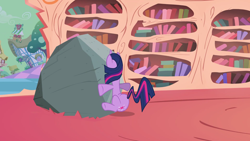 Size: 1920x1080 | Tagged: safe, imported from derpibooru, screencap, tom, twilight sparkle, pony, unicorn, season 2, the return of harmony, crash, facerock, female, golden oaks library, rock, solo, unicorn twilight