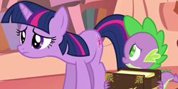 Size: 2418x1211 | Tagged: safe, imported from derpibooru, screencap, spike, twilight sparkle, pony, unicorn, season 2, the return of harmony, book, cropped, duo, female, golden oaks library, mare, sad, unicorn twilight