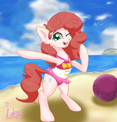 Size: 1280x1335 | Tagged: safe, artist:inky_mitts, artist:inkypuso, imported from derpibooru, pinkie pie, earth pony, pony, ball, beach, beach ball, bipedal, clothes, cloud, cute, diapinkes, equestria girls outfit, female, mare, ocean, one eye closed, one-piece swimsuit, open mouth, open smile, pink swimsuit, signature, sky, smiling, solo, swimsuit, wink