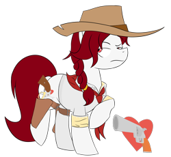 Size: 4350x4000 | Tagged: safe, artist:pencilsparkreignited, imported from derpibooru, oc, oc only, oc:point blank, earth pony, pony, braid, button up shirt, button-up shirt, clothes, cowboy hat, cutie mark, female, gun, hat, holsters, mare, outlaw, reference sheet, revolvers, scarf, simple background, simple shading, transparent background, weapon, western