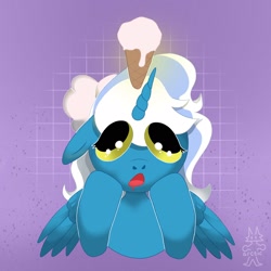 Size: 2048x2048 | Tagged: safe, artist:arcticanimoto, imported from derpibooru, oc, oc:fleurbelle, alicorn, alicorn oc, big eyes, bow, drool, female, food, hair bow, horn, ice cream, ice cream cone, mare, wingding eyes, wings