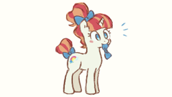 Size: 380x214 | Tagged: safe, artist:fizpup, imported from derpibooru, rainbow stars, pony, unicorn, blush sticker, blushing, bow, cream background, female, hair bow, mare, mouth hold, no pupils, simple background, solo, tail bow