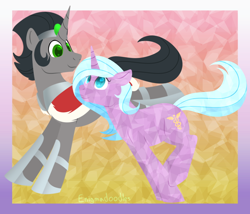 Size: 1050x900 | Tagged: safe, artist:enigmadoodles, idw, imported from derpibooru, king sombra, radiant hope, crystal pony, pony, unicorn, siege of the crystal empire, cape, clothes, crown, crystallized, female, jewelry, looking at each other, male, mare, reformed sombra, regalia, stallion