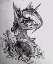 Size: 1777x2160 | Tagged: safe, artist:narkozexe, artist:tlen borowski, imported from derpibooru, oc, oc only, oc:river swirl, pony, unicorn, bust, cape, chest fluff, clothes, ear fluff, flower, monochrome, simple background, solo, traditional art