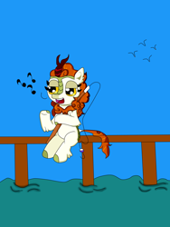 Size: 3120x4160 | Tagged: safe, artist:juanluuis8, imported from derpibooru, autumn blaze, bird, kirin, fishing, ocean, pier, singing, sky, whistling