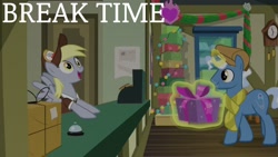 Size: 1920x1080 | Tagged: safe, edit, edited screencap, editor:quoterific, imported from derpibooru, screencap, derpy hooves, pokey pierce, pegasus, pony, unicorn, best gift ever, bell, cash register, duo, female, glowing horn, horn, magic, magic aura, male, open mouth, post office, present, walking