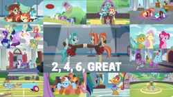 Size: 1978x1114 | Tagged: safe, edit, edited screencap, editor:quoterific, imported from derpibooru, screencap, auburn vision, berry blend, berry bliss, bluebonnet, buddy, carrot top, citrine spark, clever musings, cloudburst, creamy nougat, crescent pony, daisy, derpy hooves, dusty swift, fire flicker, fire quacker, flower wishes, fluttershy, frying pan (character), gallus, golden harvest, gooseberry, junebug, lighthoof, mane moon, mango dash, november rain, ocellus, opulence, peppermint goldylinks, pinkie pie, piña colada, princess celestia, rainbow dash, rarity, roseluck, rosy pearl, royal riff, sandbar, shimmy shake, smolder, snails, snips, starlight glimmer, summer breeze, summer meadow, sunshower raindrops, twilight sparkle, wintergreen, yona, alicorn, dragon, earth pony, pegasus, pony, unicorn, yak, 2 4 6 greaaat, bipedal, buckball field, cheerleader, cheerleader ocellus, cheerleader outfit, cheerleader smolder, cheerleader yona, clothes, coach rainbow dash, eyes closed, friendship student, frying pan (g4), glowing horn, grumpy, hat, hay bale, holding leg, horn, las pegasus resident, magic, magic aura, male, open mouth, scared, standing, standing on one leg, twilight sparkle (alicorn)